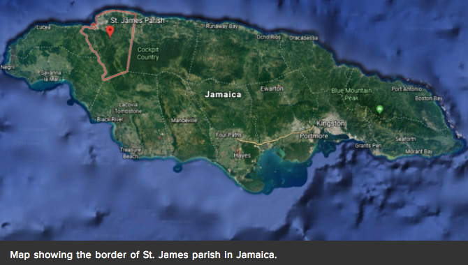 Map showing the border of St. James parish in Jamaica.